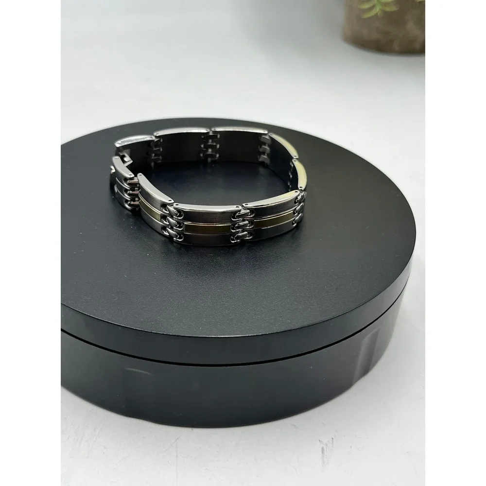 Designer Signed Stainless Steel and‎ 14K Yellow Gold Accents Bracelet